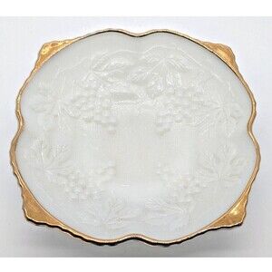 Vtg Anchor Hocking MCM 50's Milk Glass 10" Dish Grape & Leaf Embossed Gold Trim
